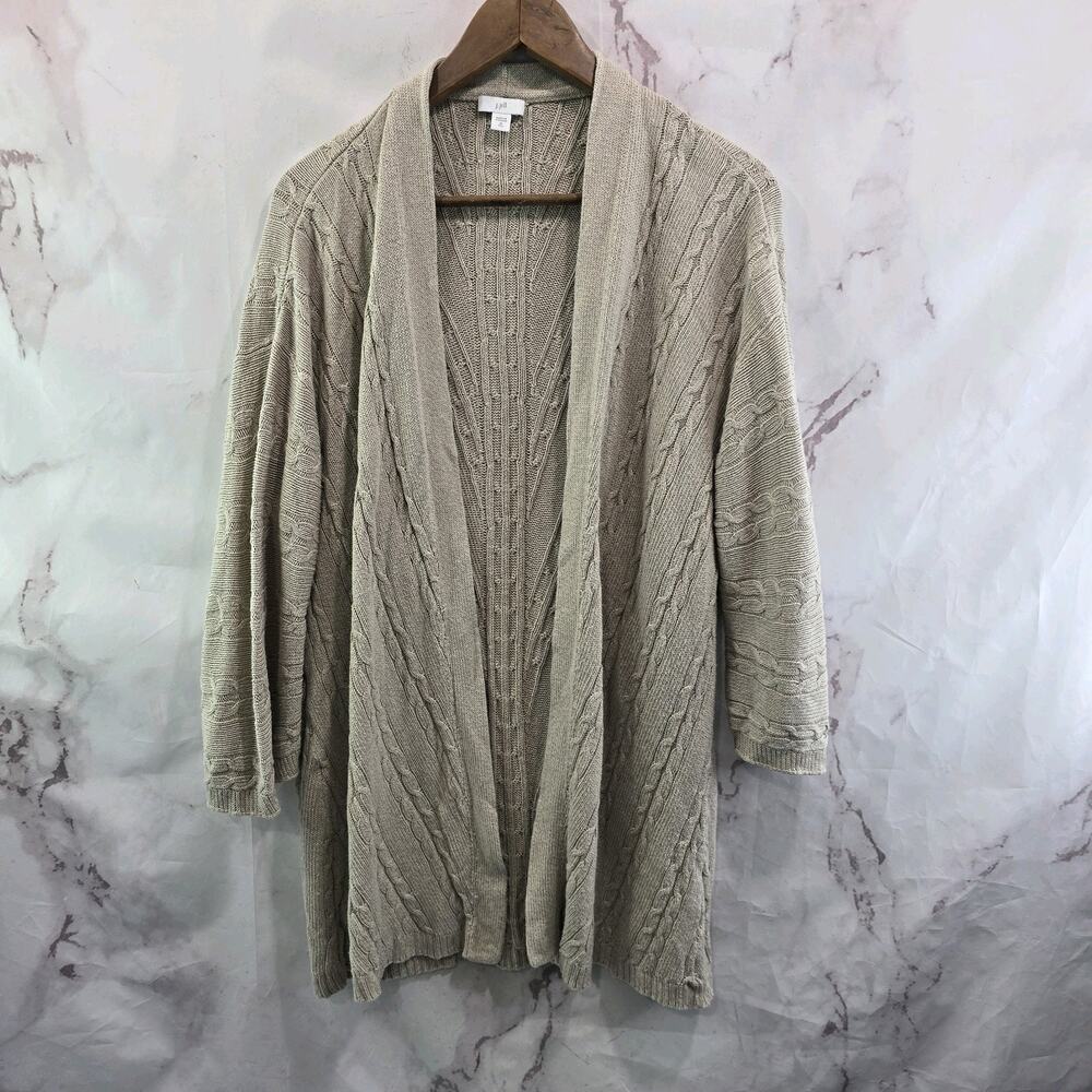 J Jill Sweater Womens Medium Beige Cotton Open Front Cardigan Cable Knit Coastal